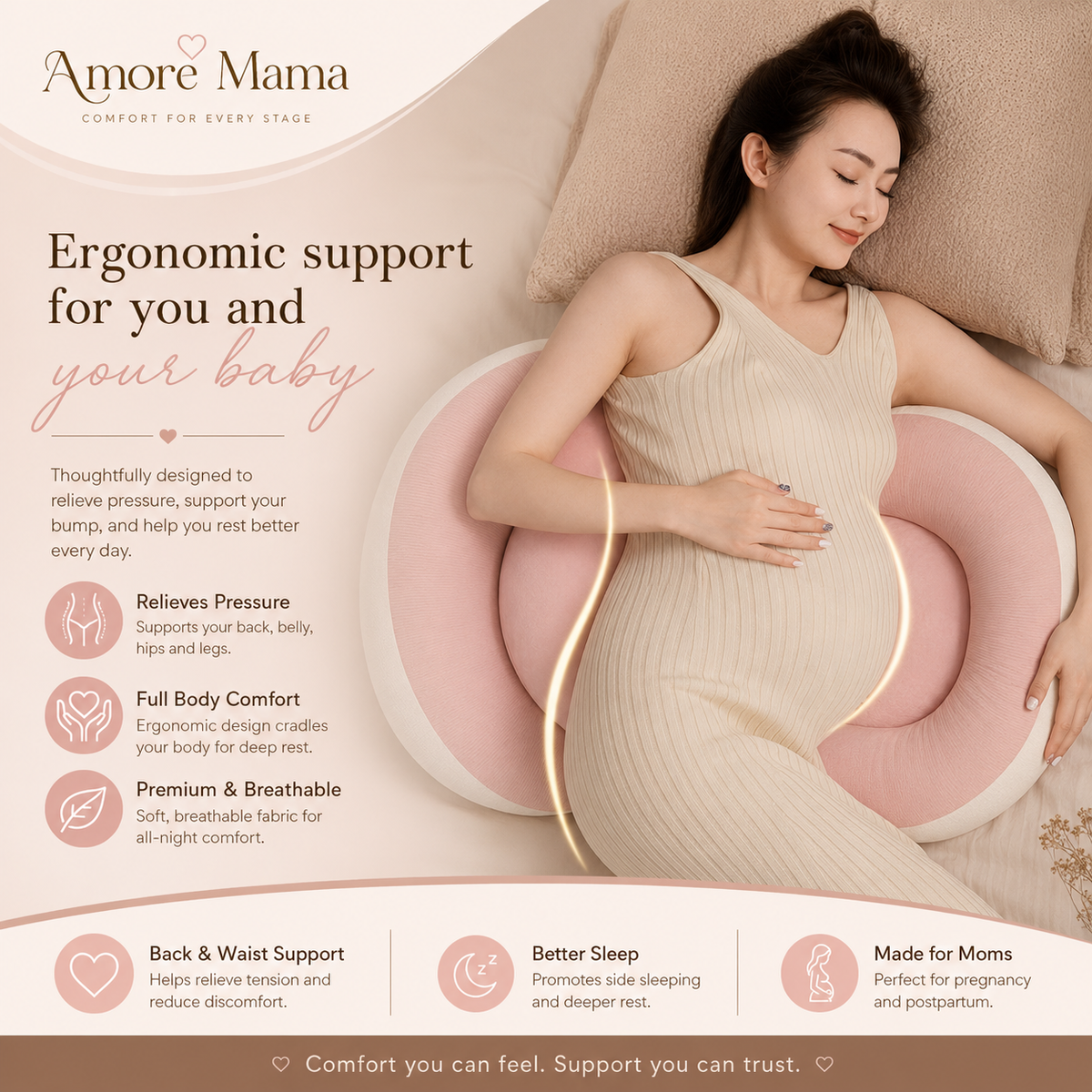 Amore Mama U-Shaped Maternity Pillow for Pregnancy Support